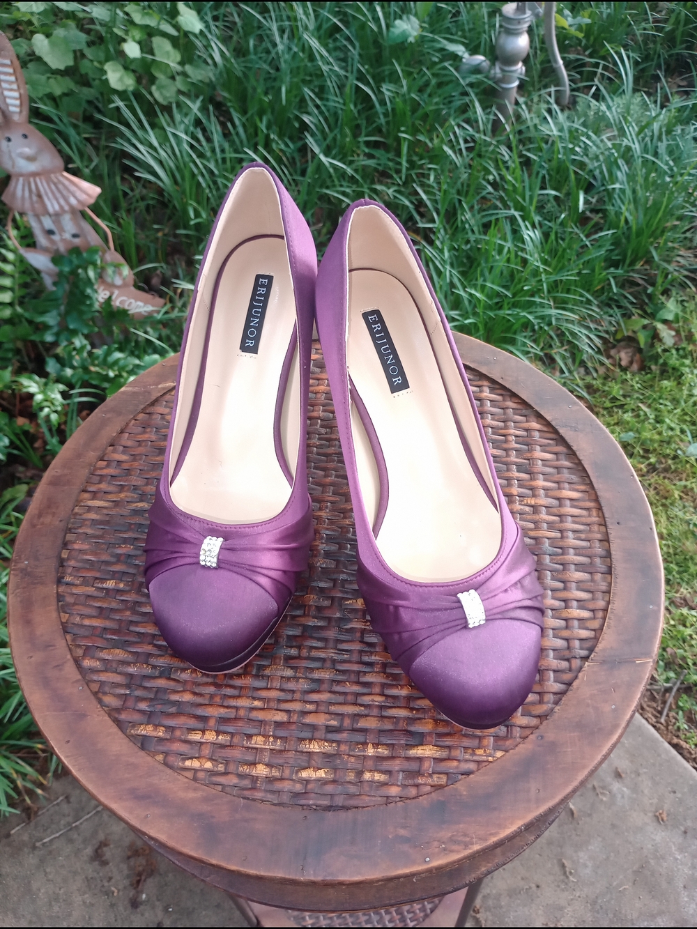 ERIJUNOR Plum Satin Heels with Rhinestone Detail